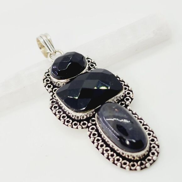 Black Quartz Sterling Silver Plated Pendant 2.8" Gemstone Jewelry - Picture 4 of 5